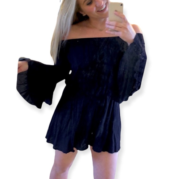 Altar'd State Pants - Altar’d State Navy Blue Bell Sleeve Romper